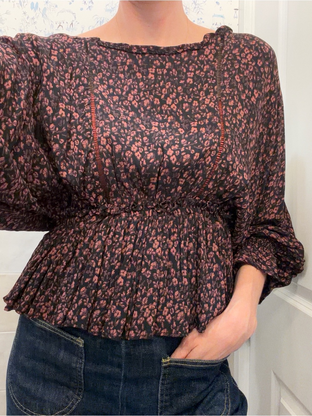Anthropologie Black & Dusty Rose Floral Peplum Long-Sleeve Blouse